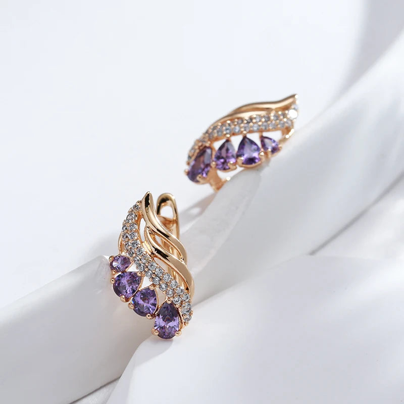 Purple Water Drop Natural Zircon Earrings for Women Luxury 585 Rose Gold Fashion Jewelry Unique Daily Drop Earrings ring LUNARITY GARAGE