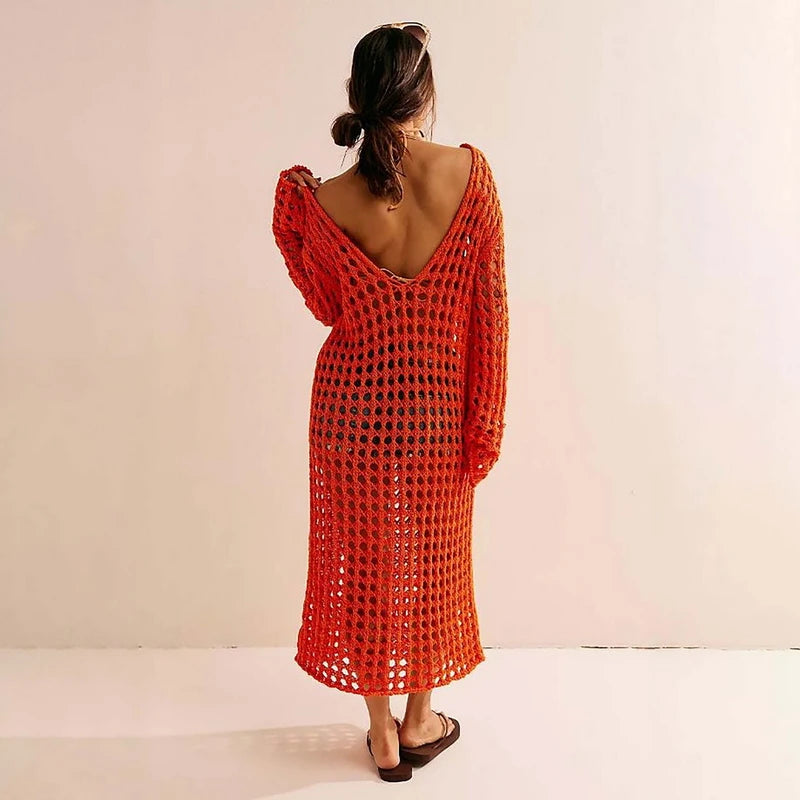 Hollow Out Knit Maxi Beach Dress covers up LUNARITY GARAGE