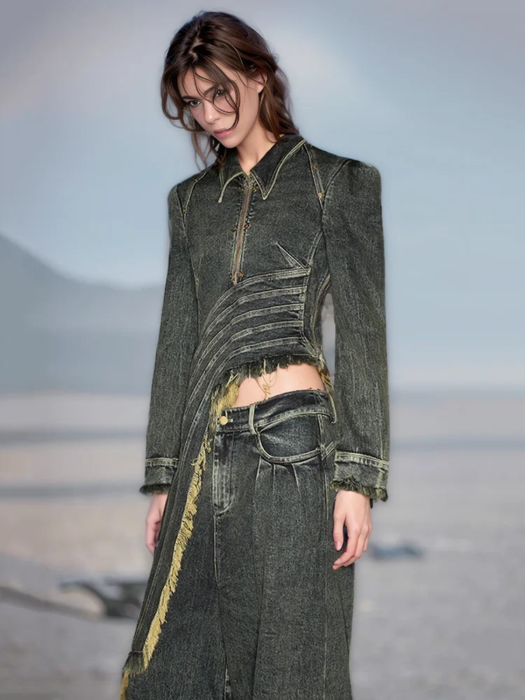 Denim Coat Lapel Zipper Short Patchwork Washed Tassel Slim Streetwear Jacket jackets LUNARITY GARAGE