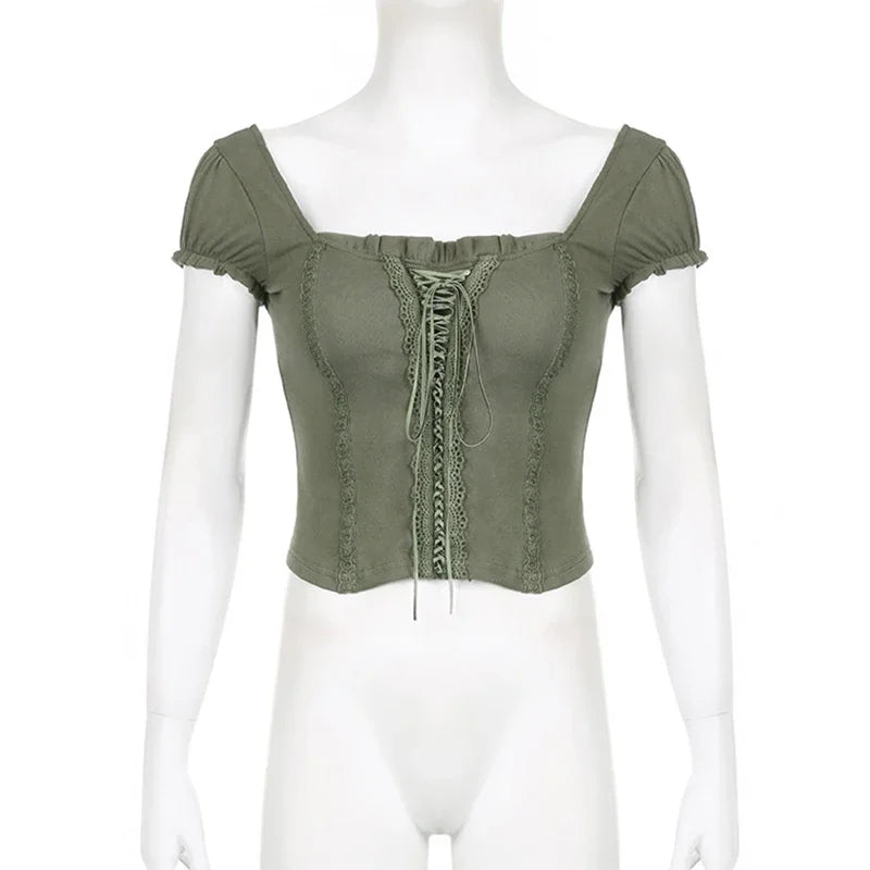 y2k Green Lace Crop Top Trim Square Collar Short Sleeve T Shirt Women Fairycore Balletcore Chic Tee Summer Korean 90s crop top LUNARITY GARAGE
