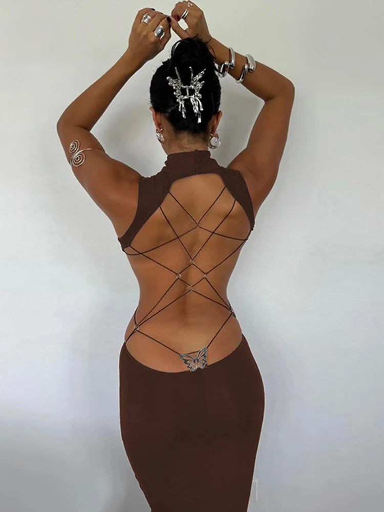 Backless High Collar Bodycon Maxi Dress – Elegance & Allure dress LUNARITY GARAGE Brown S