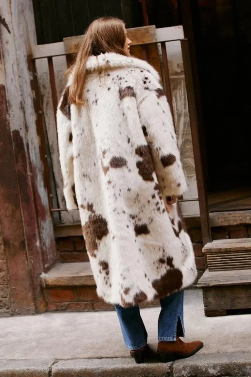 Faux Fur Cow Print Coat – Cozy Chic Statement Outerwear coat LUNARITY GARAGE