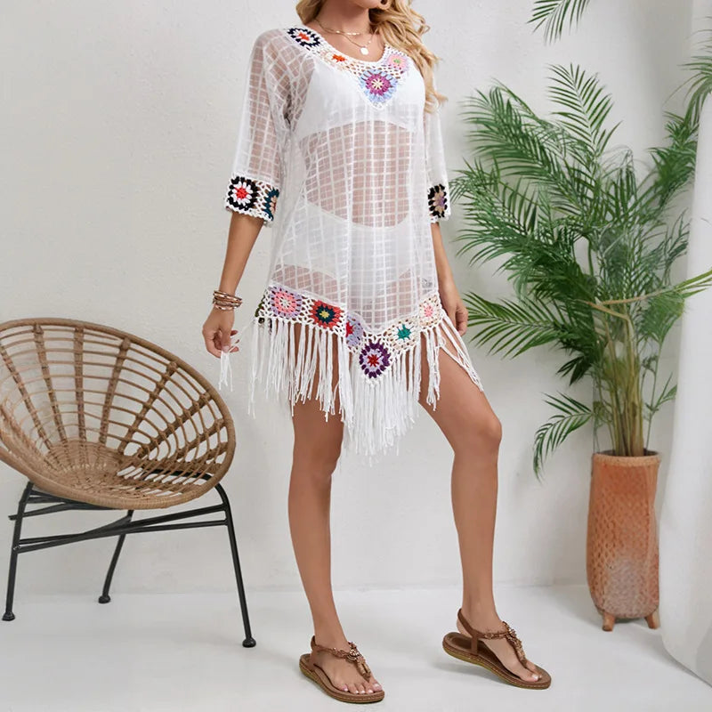 Crochet Flowers Beach Dress – Summer Chiffon Swimsuit Cover-Up cover ups LUNARITY GARAGE