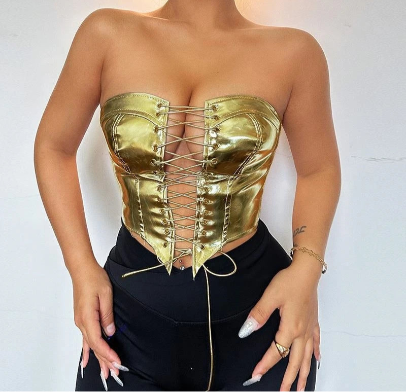 Women PU Leather Bustier Crop Top with Asymmetrical Strapless Lace-Up Design Tops LUNARITY GARAGE