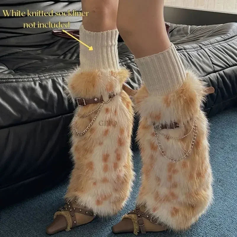 Winter Leopard Print Faux Fur Leg Warmers – Y2K Plush Punk Chain PU Belt, Harajuku Thickened Boots Cover, Fluffy Socks Leg warmer LUNARITY GARAGE yellow belt 40cm