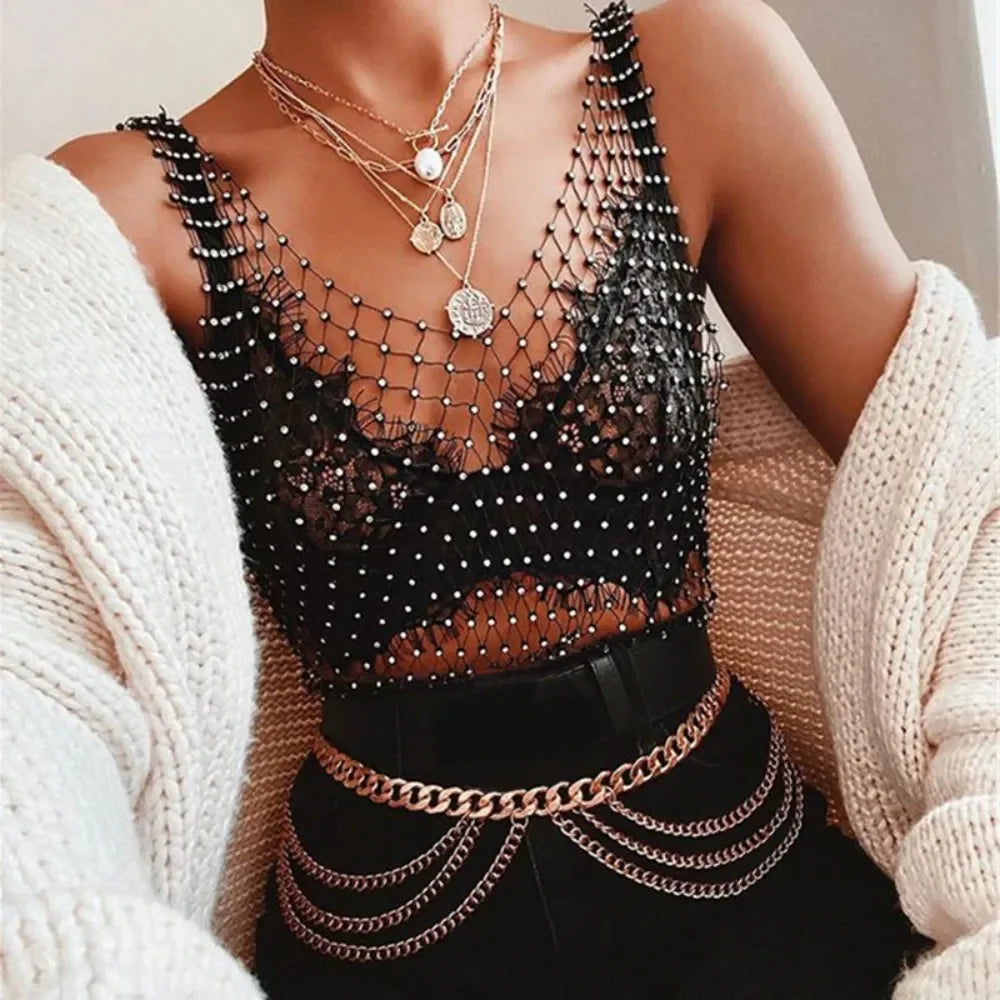 Sexy Shiny Rhinestone Fishnet Women Y2K Tank Tops See Through Crop Top Summer Beach Cover Up Tops Party Nightclub Women Clothing LUNARITY GARAGE