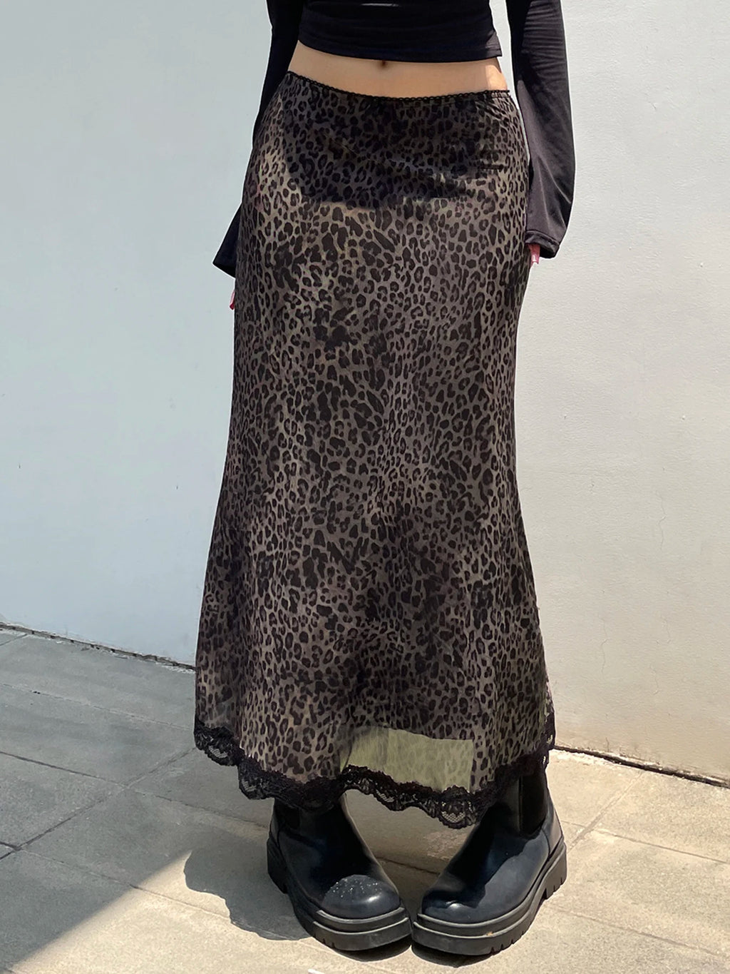 Retro Brown Leopard Y2K Long Skirt with Lace Trim for Women skirt LUNARITY GARAGE