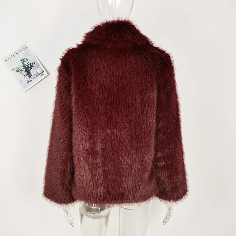 Burgundy Faux Fur Coat Vintage Long Sleeve Furry Warm Jackets Jackets LUNARITY GARAGE