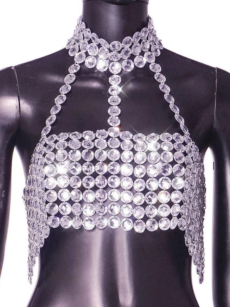 Silver Halter Backless Glitter Diamond Crop Top - Metal Sequin Bustier for Club & Festival Outfits Rhinestone Crop Top LUNARITY GARAGE