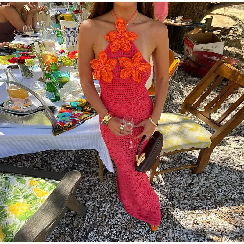 Fashion Halter Flower Knitting Long Dress | Sleeveless Lace Up Backless Robe 2025 Summer Elegant Female Beach Dresses Dress LUNARITY GARAGE