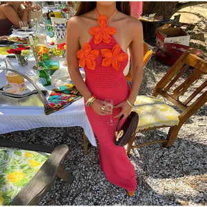 Fashion Halter Flower Knitting Long Dress | Sleeveless Lace Up Backless Robe 2025 Summer Elegant Female Beach Dresses Dress LUNARITY GARAGE