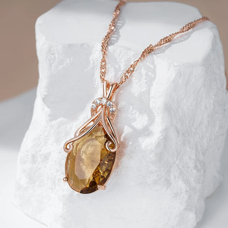 Rose Gold Big Oval Light Brown Zircon Pendant Necklace for Women necklaces LUNARITY GARAGE