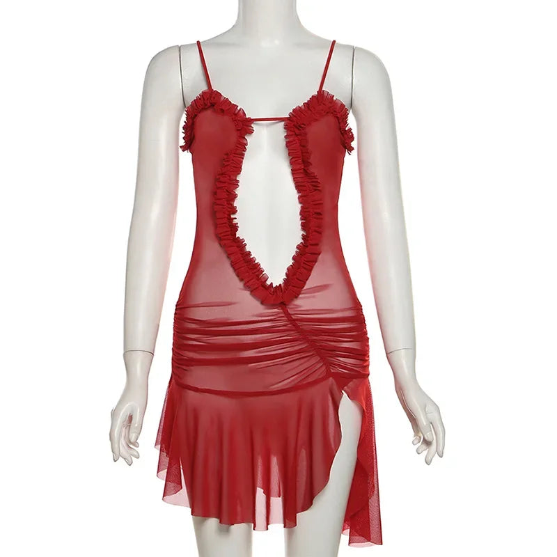 See Through Hollow Out Ruched Mini Dress - Sexy Backless Sleeveless Y2K Club Outfit Dress LUNARITY GARAGE