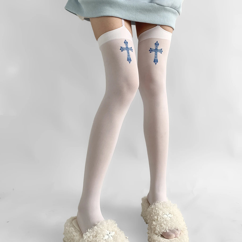 Cross Garter Gothic Thigh High Stockings – Sexy Lace Suspender Pantyhose for Women, Cosplay Tights, and Lingerie Stockings LUNARITY GARAGE   
