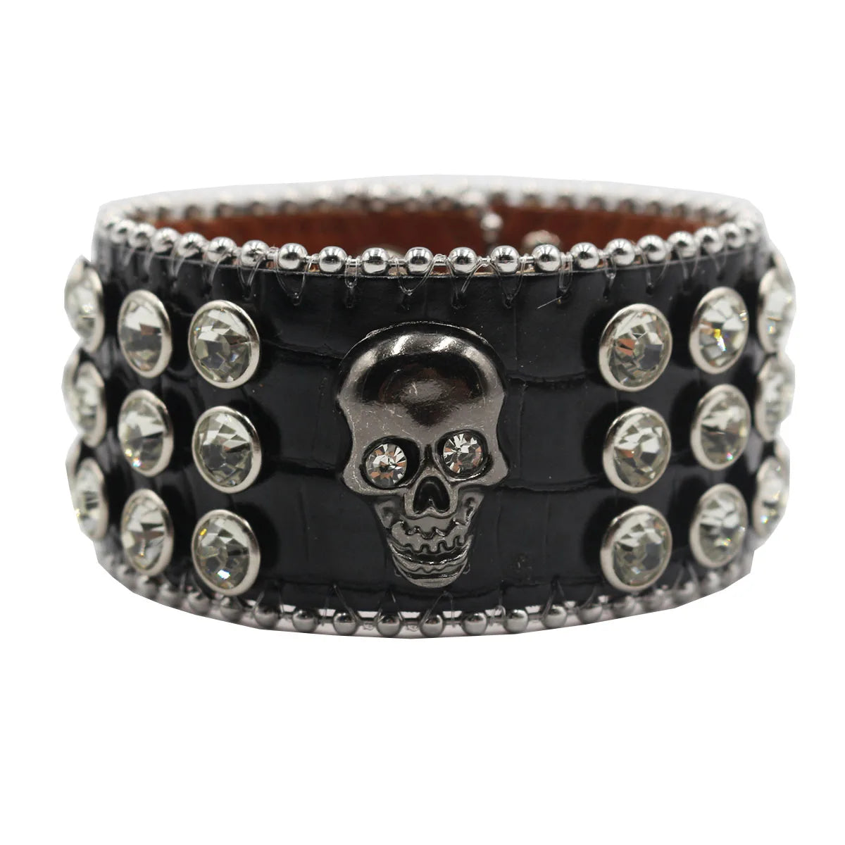 Wide Rhinestone Skull Bracelet – PU Leather Statement Cuff Bracelets LUNARITY GARAGE Black
