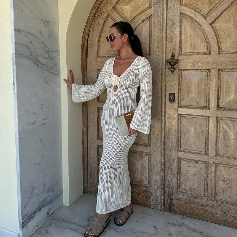 Hollow Out Knitted Long Dress | Elegant Beach Cover-Up & Sexy Swimwear Outfit cover up LUNARITY GARAGE