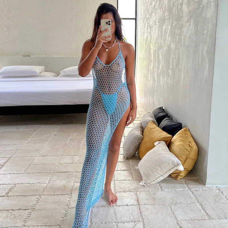 Mesmerizing Mesh: The Sexy Halter Neck Side Split Beach Dress cover up LUNARITY GARAGE Sky Blue S