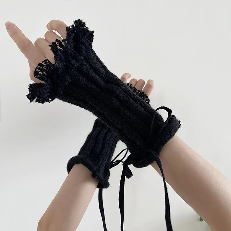 Y2K Lace Knit Fingerless Gloves with Tied Cuffs – Punk Women’s Strap Hand Sleeves, Gothic Lolita & JK Style Accessories Gloves LUNARITY GARAGE black one size