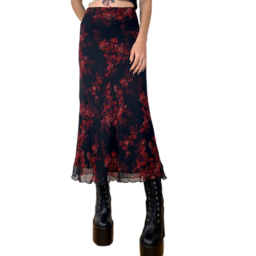 Combhasaki Women's Y2K Retro Vintage Floral Printed High Waist Ruffled Elegant Elastic Waist Long Skirts Street Style Bottoms skirt LUNARITY GARAGE