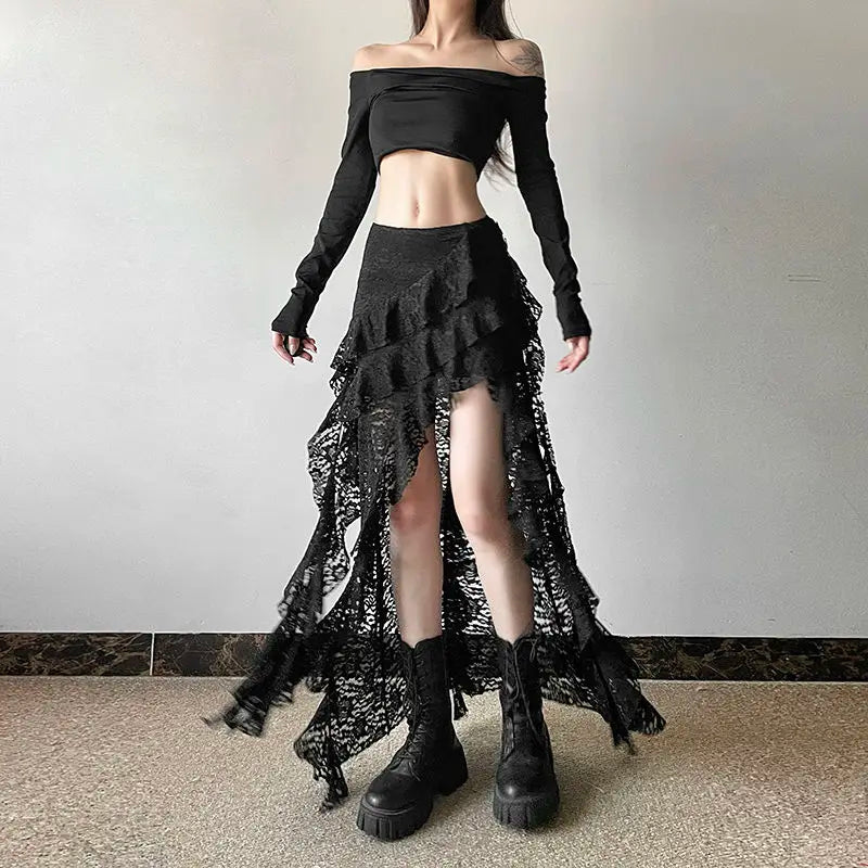 Punk Goth Skirt for Women – Dark Asymmetrical Ruffled Lace High Waist Skirt Skirts LUNARITY GARAGE