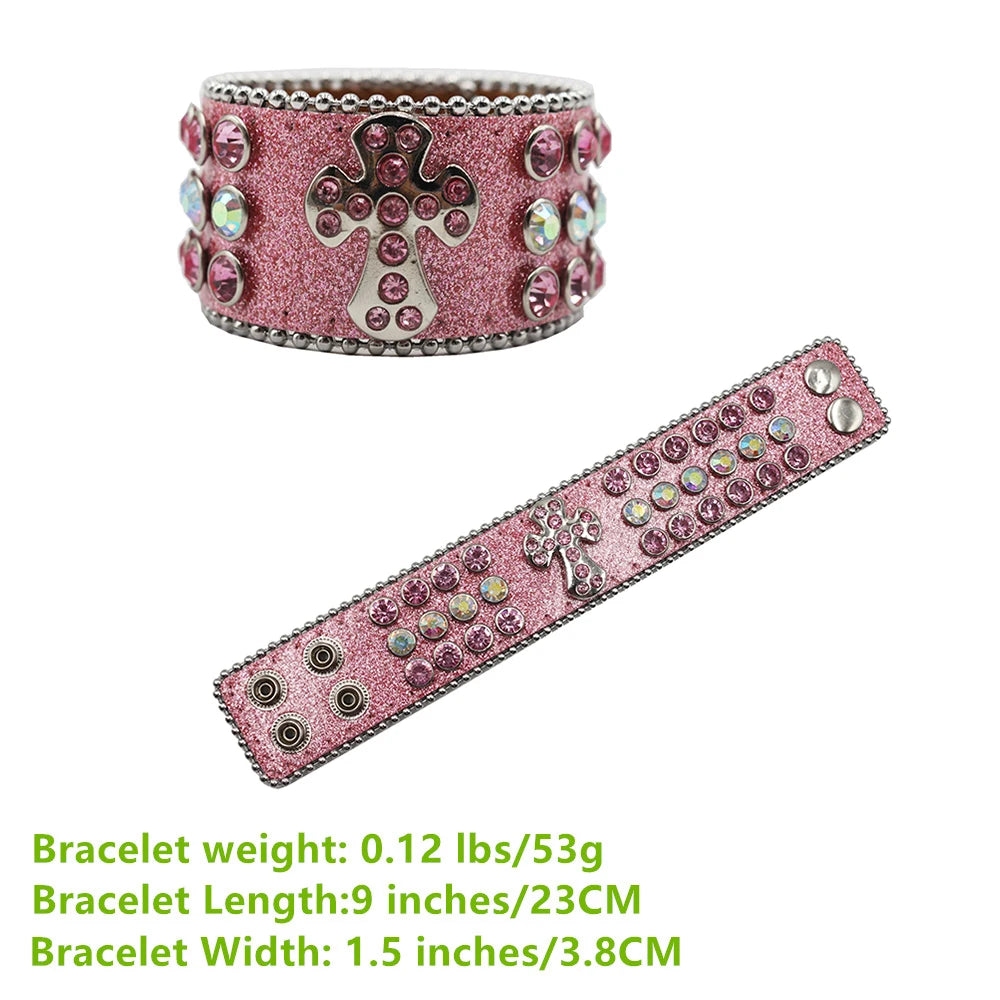 Designer PU Leather Rhinestone Cross Bracelet – Western Bling Statement Piece Bracelets LUNARITY GARAGE