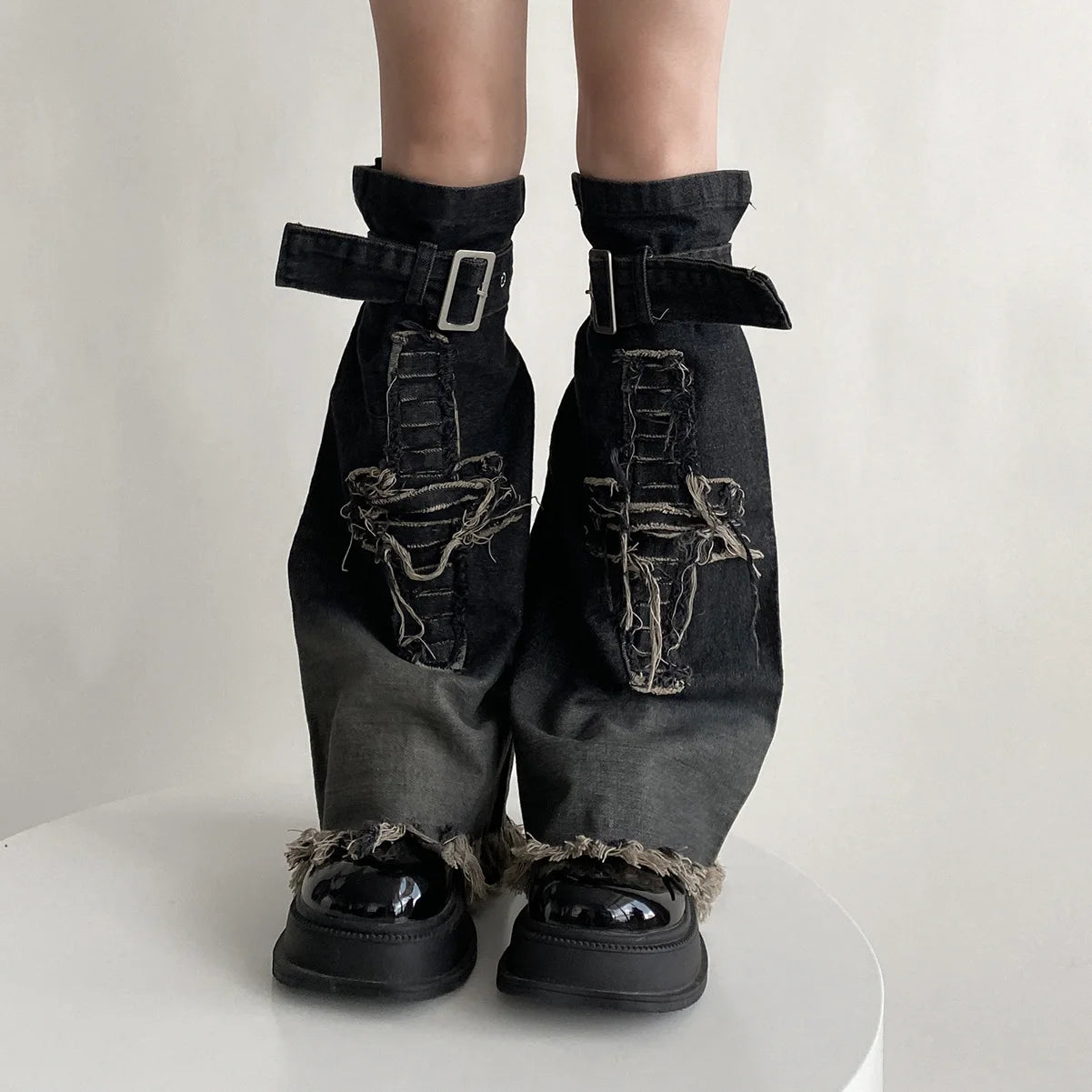 Y2K Cross Harajuku Star Strap Denim Leg Warmers Leg Warmers Lunarity Garage Black Cross One Size