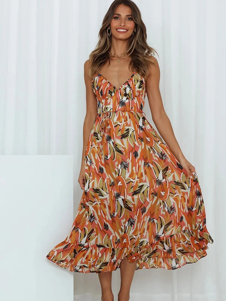 Bohemian Floral Print Mid-Calf Dress - Spaghetti Strap Sexy Casual Sundress Dress LUNARITY GARAGE Pink S