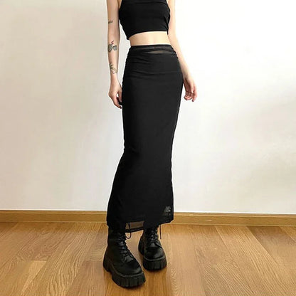 Y2K Black Long Skirts Women Harajuku Sexy Mesh Patchwork Wrap Skirt Summer Gothic Korean High Waist Slim A Line Faldas New skirt LUNARITY GARAGE Black S