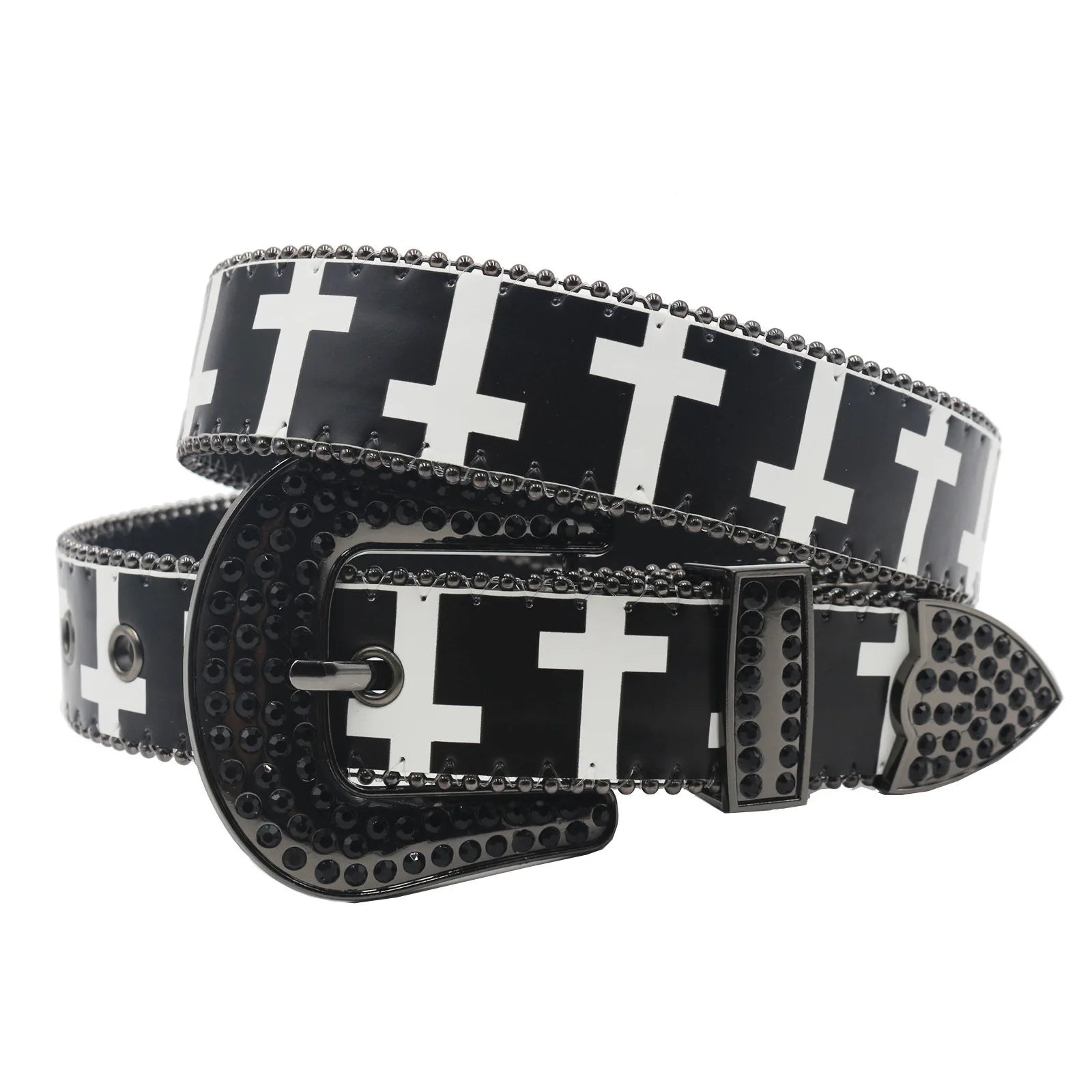 Black & White Cross Rhinestone Belt - Y2K Gothic Trend PU Leather Belt LUNARITY GARAGE Black 105cm