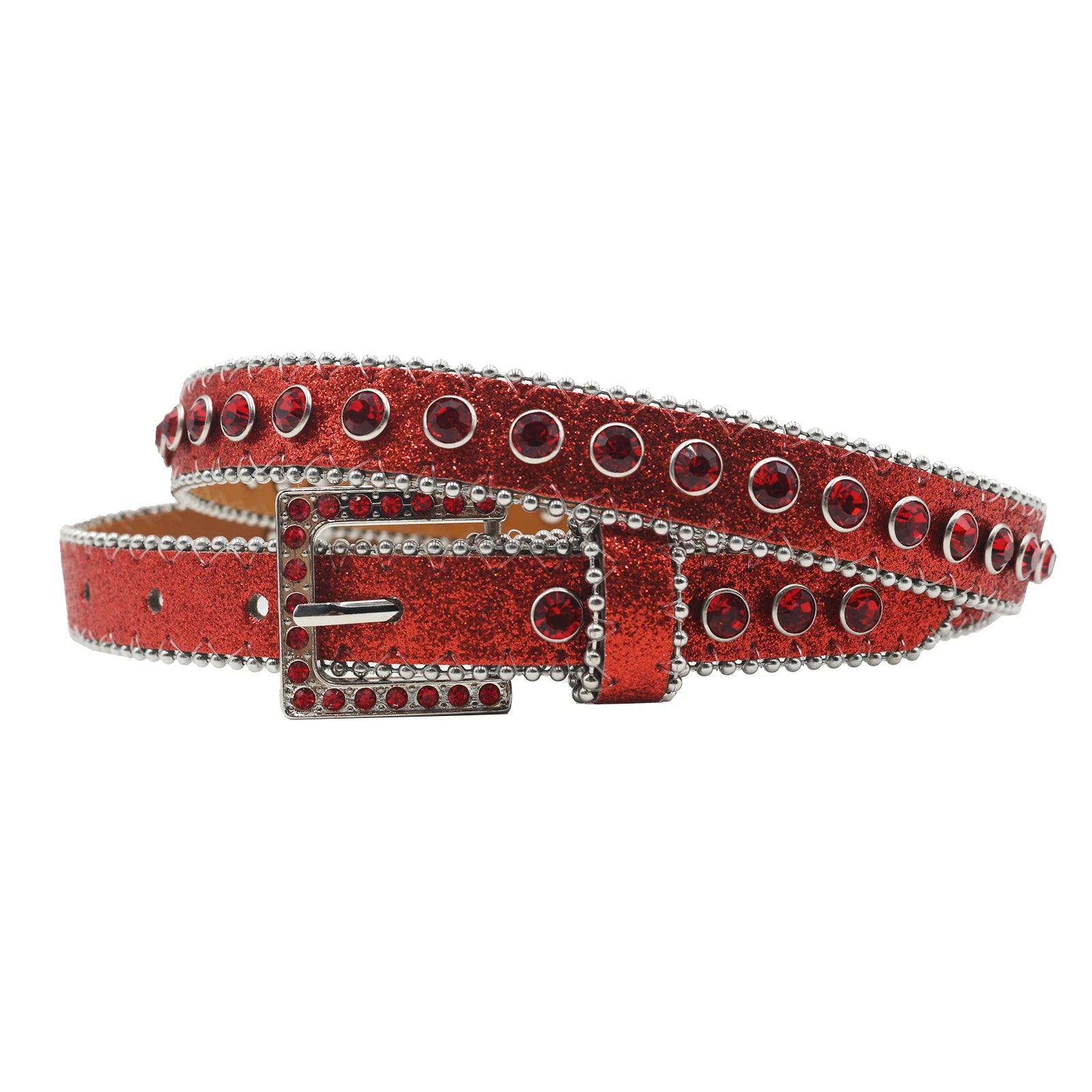 Women’s Rhinestone Leopard Belt – Western Crystal Square Buckle belt LUNARITY GARAGE Shiny Red 95CM