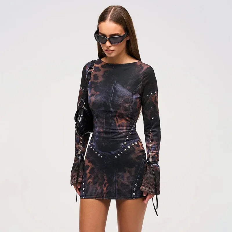 Vintage Print Sexy Bodycon Mini Dress - Autumn Winter Long Sleeve Party Dress Dress LUNARITY GARAGE