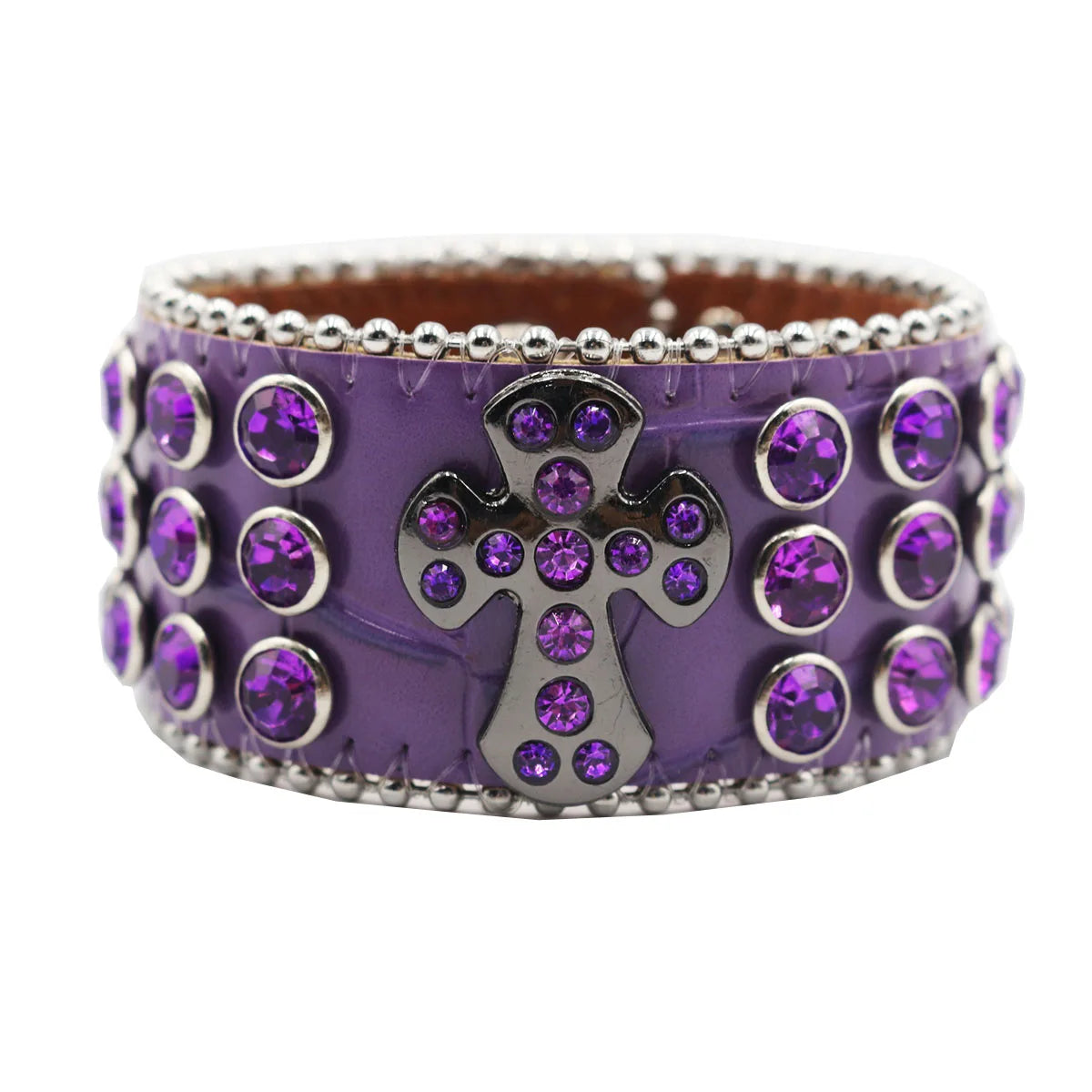 Designer PU Leather Rhinestone Cross Bracelet – Western Bling Statement Piece Bracelets LUNARITY GARAGE Purple