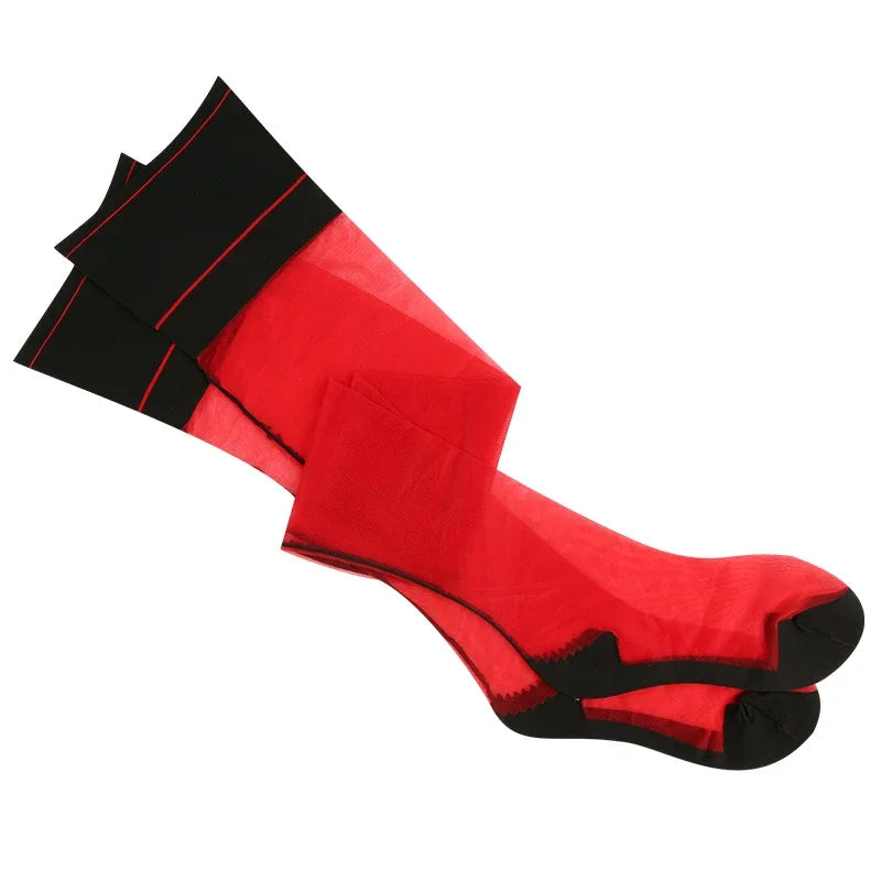 Contrast Color Rib Cut Edge Thigh High Stockings – Retro Cuban Heel Back Seam Stockings LUNARITY GARAGE Red Black 2 Pair