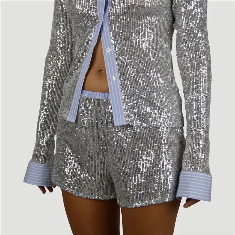 Silver Glitter Two Piece Shorts Set - Contrast Color Shirt & Sparkle Shorts Clothing Set LUNARITY GARAGE