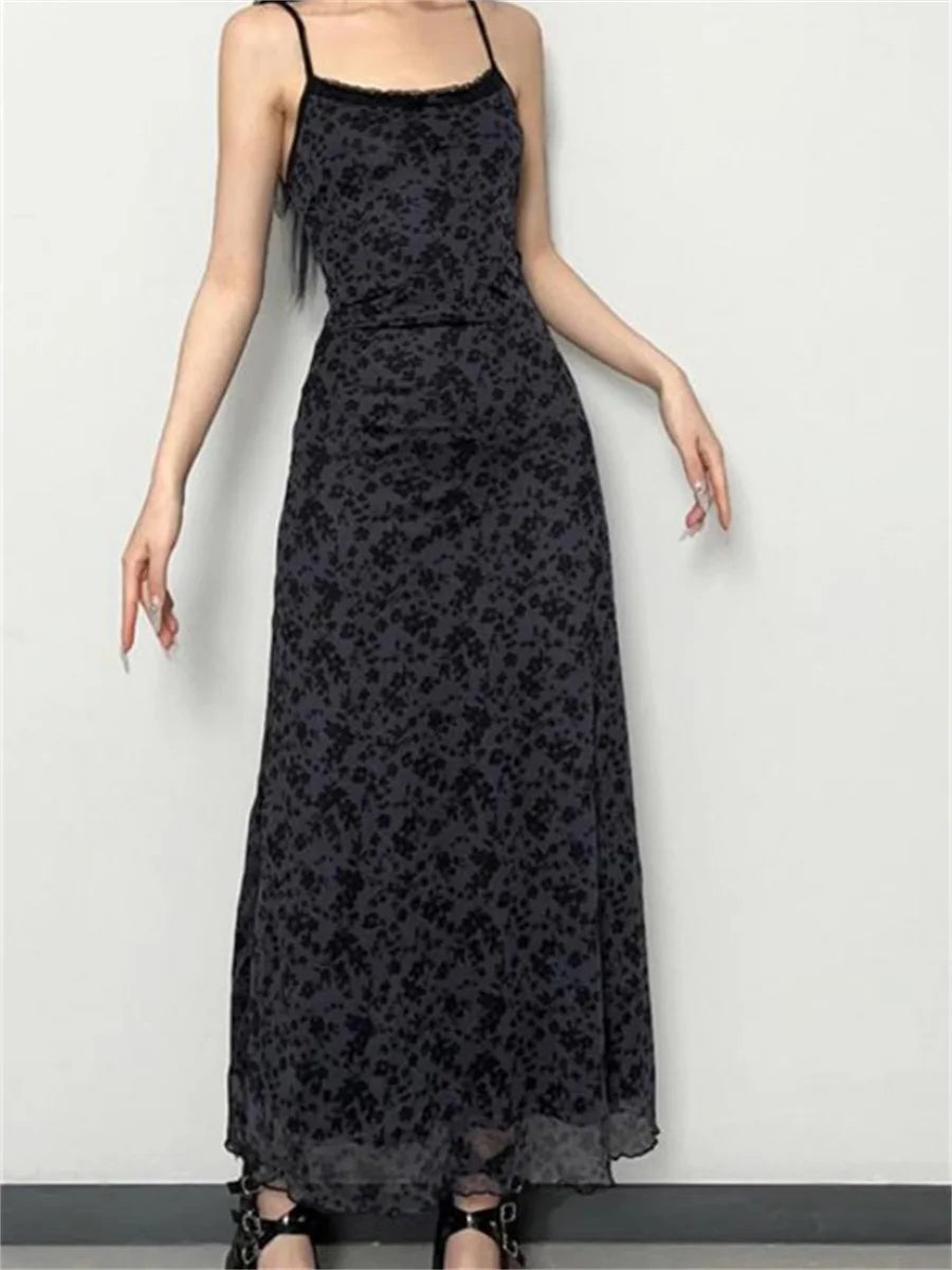 Retro Floral Print Spaghetti Strap Long Dress for Women dress LUNARITY GARAGE