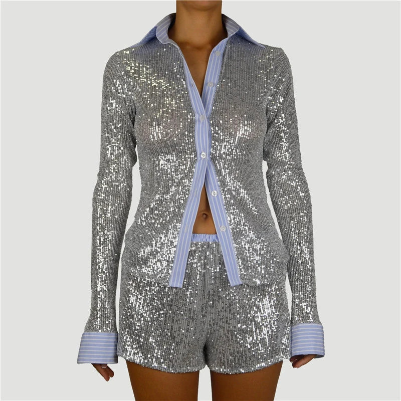 Silver Glitter Two Piece Shorts Set - Contrast Color Shirt & Sparkle Shorts Clothing Set LUNARITY GARAGE