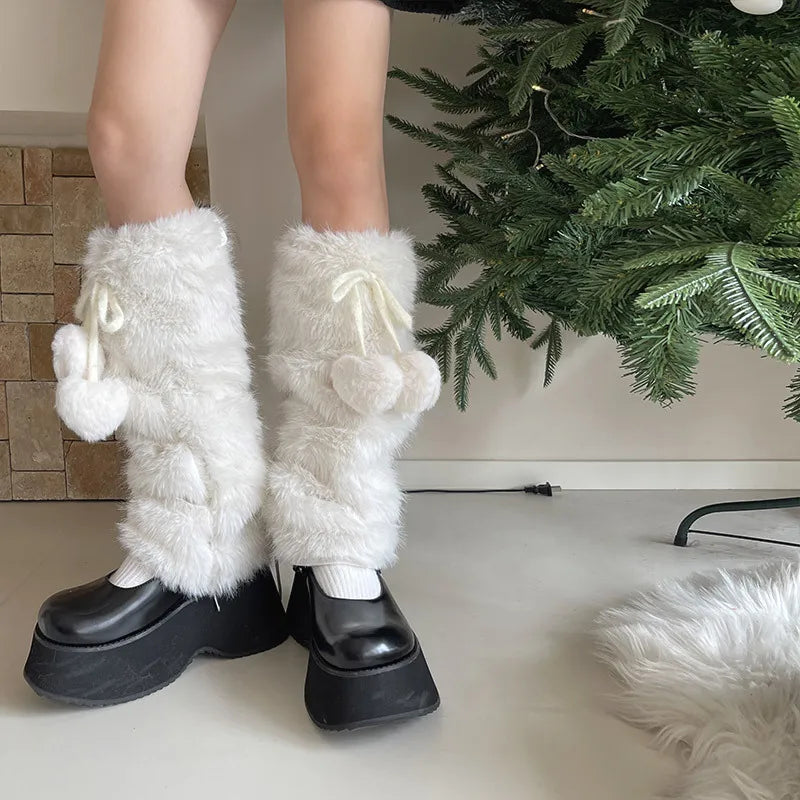 JK White Bow Tie Leg Warmers with Faux Rabbit Fur Ball – Thick Plush Y2K Winter Boots Cover Socks Leg Warmers LUNARITY GARAGE