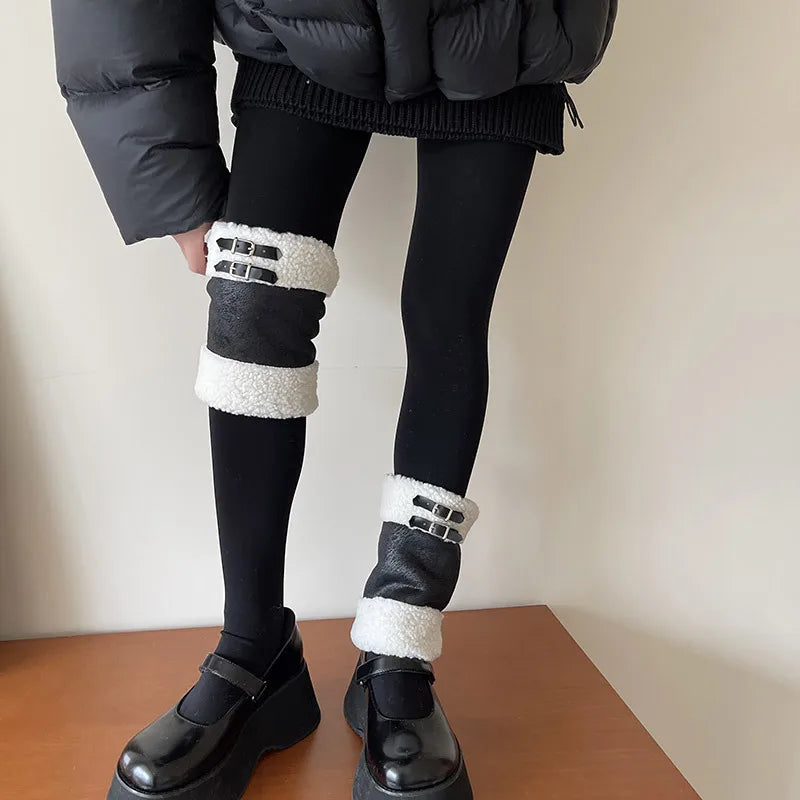 Punk Thickened Lamb’s Wool Suede Leg Warmers – Y2K Winter Knee Warmers with Plush Fur Ball Detail Leg Warmers LUNARITY GARAGE   