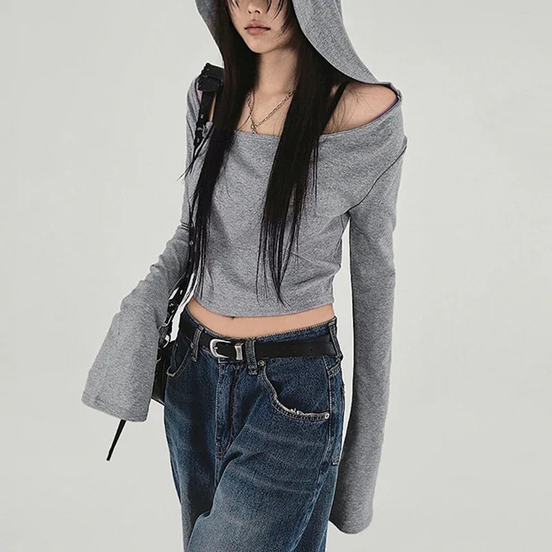 Y2K Grunge Hooded Long Sleeve Top – Slim Fit Vintage Streetwear Tops Lunarity Garage