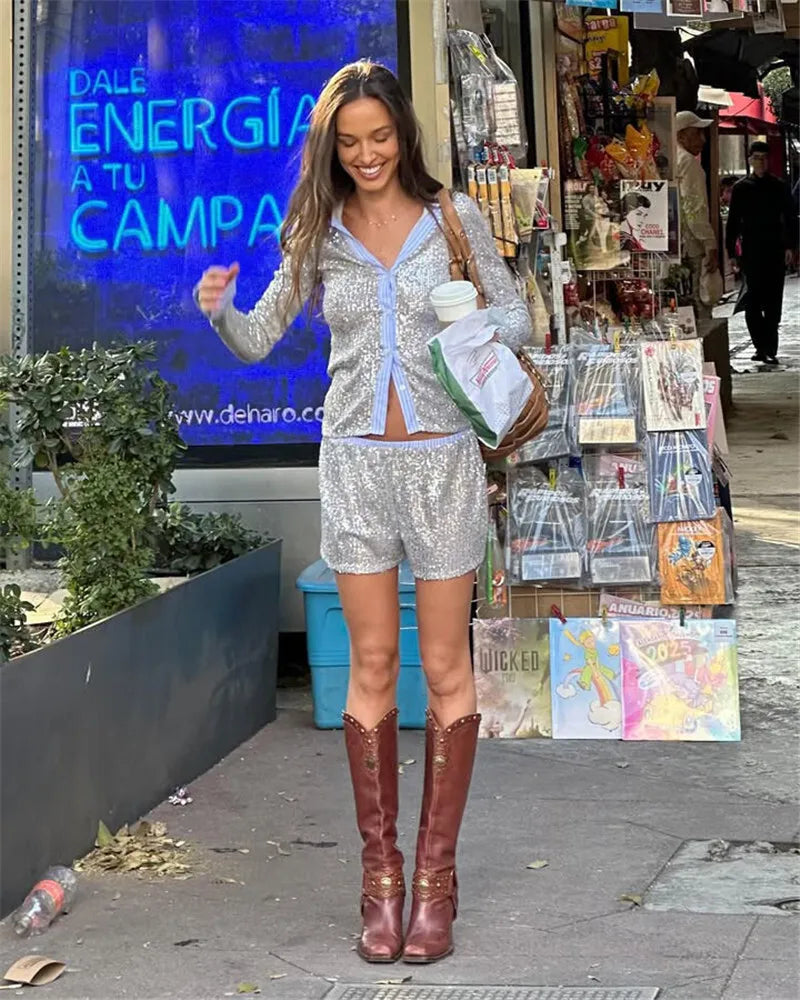 Silver Glitter Two Piece Shorts Set - Contrast Color Shirt & Sparkle Shorts Clothing Set LUNARITY GARAGE