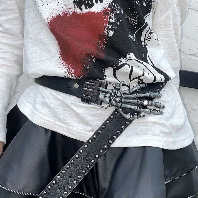Punk Skull Hand Belt – Gothic Y2K Skeleton Hand Leather Belt with Rivets for Men and Women, Harajuku Halloween Accessories belt LUNARITY GARAGE   