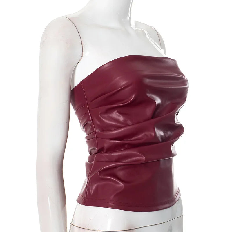 Wine Red Strapless Leather Top – Sexy Slim Fit Party Top Tops LUNARITY GARAGE