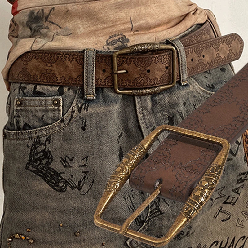 Retro Y2K Pattern Print Belt - Luxury Designer Buckle Pin Hip Hop Waistband Belt LUNARITY GARAGE Brown