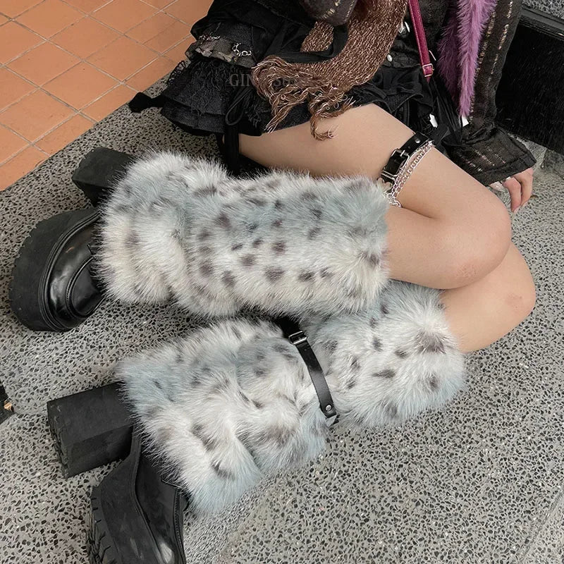 Winter Leopard Print Faux Fur Leg Warmers – Y2K Plush Punk Chain PU Belt, Harajuku Thickened Boots Cover, Fluffy Socks Leg warmer LUNARITY GARAGE