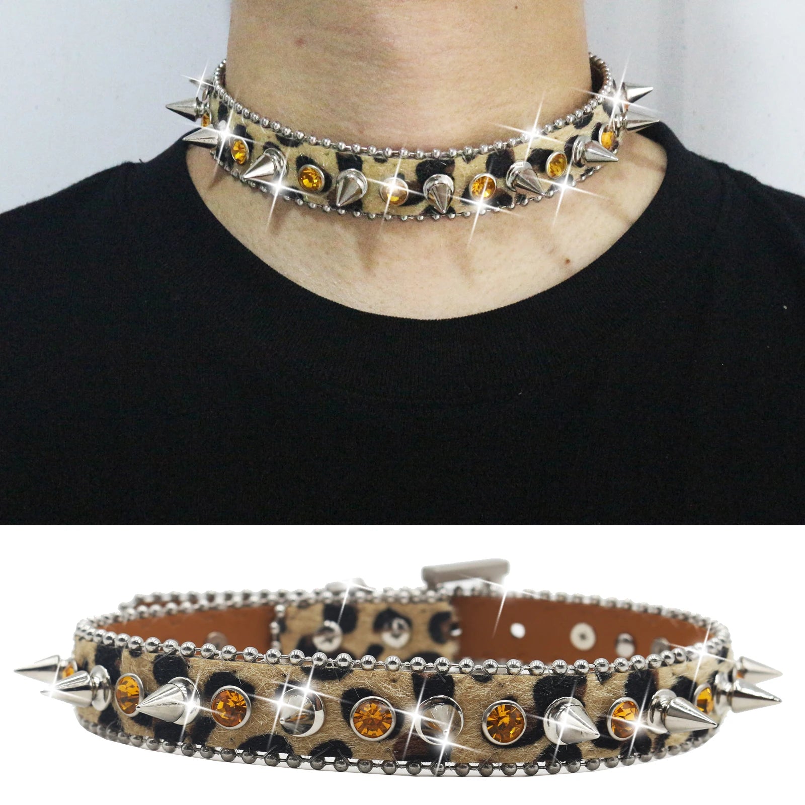 Gothic Leopard Rivet Rhinestone Choker – Y2K Steampunk Party Collar choker LUNARITY GARAGE 50cm Gold