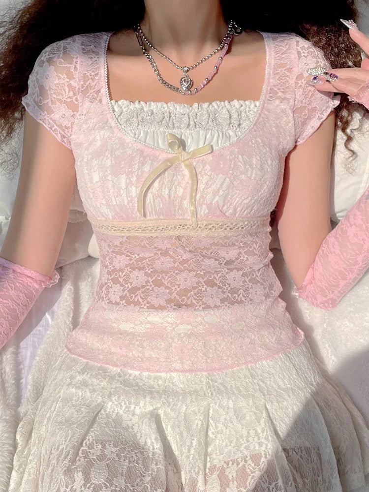 Y2k Pink Trim Crop Top Bow Cute Sweet T Shirt Women Retro Short Sleeve Lace Patched Summer Tee Korean Tshirt Coquette Aesthetic LUNARITY GARAGE