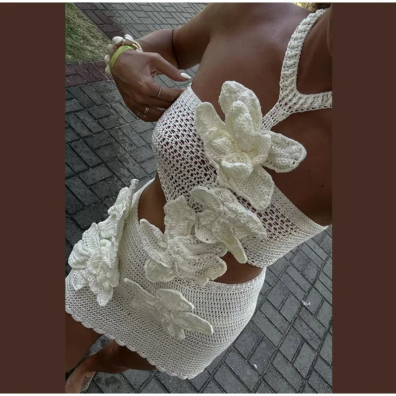 Beach Knit 3D Flower Mini Dress | Sexy Hollow Out Sleeveless Backless Halter Dress for Summer Holiday Dress LUNARITY GARAGE