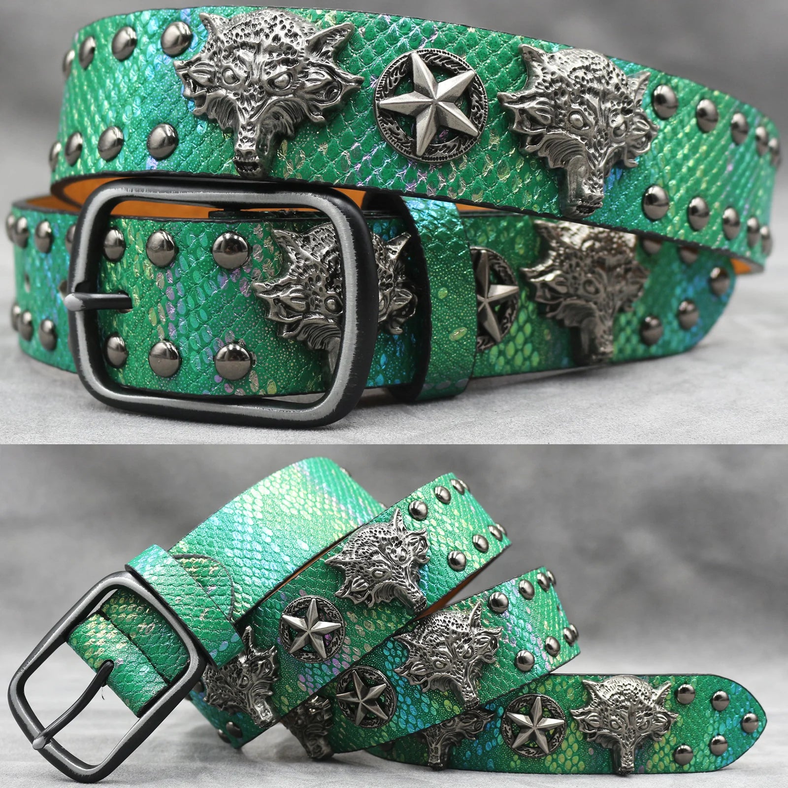 Fashion Wolf Rivet Belt – Studded Skull Punk Rock belt LUNARITY GARAGE Green 105CM