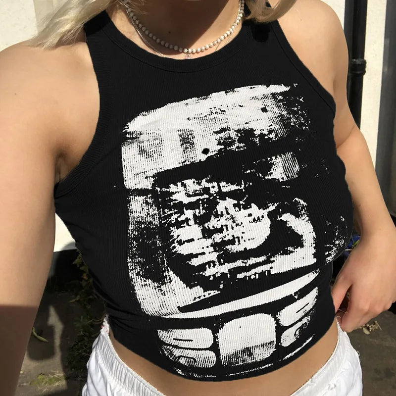 Y2K Printed Cropped Tank – Retro & Edgy Clubwear Tank top LUNARITY GARAGE Black S