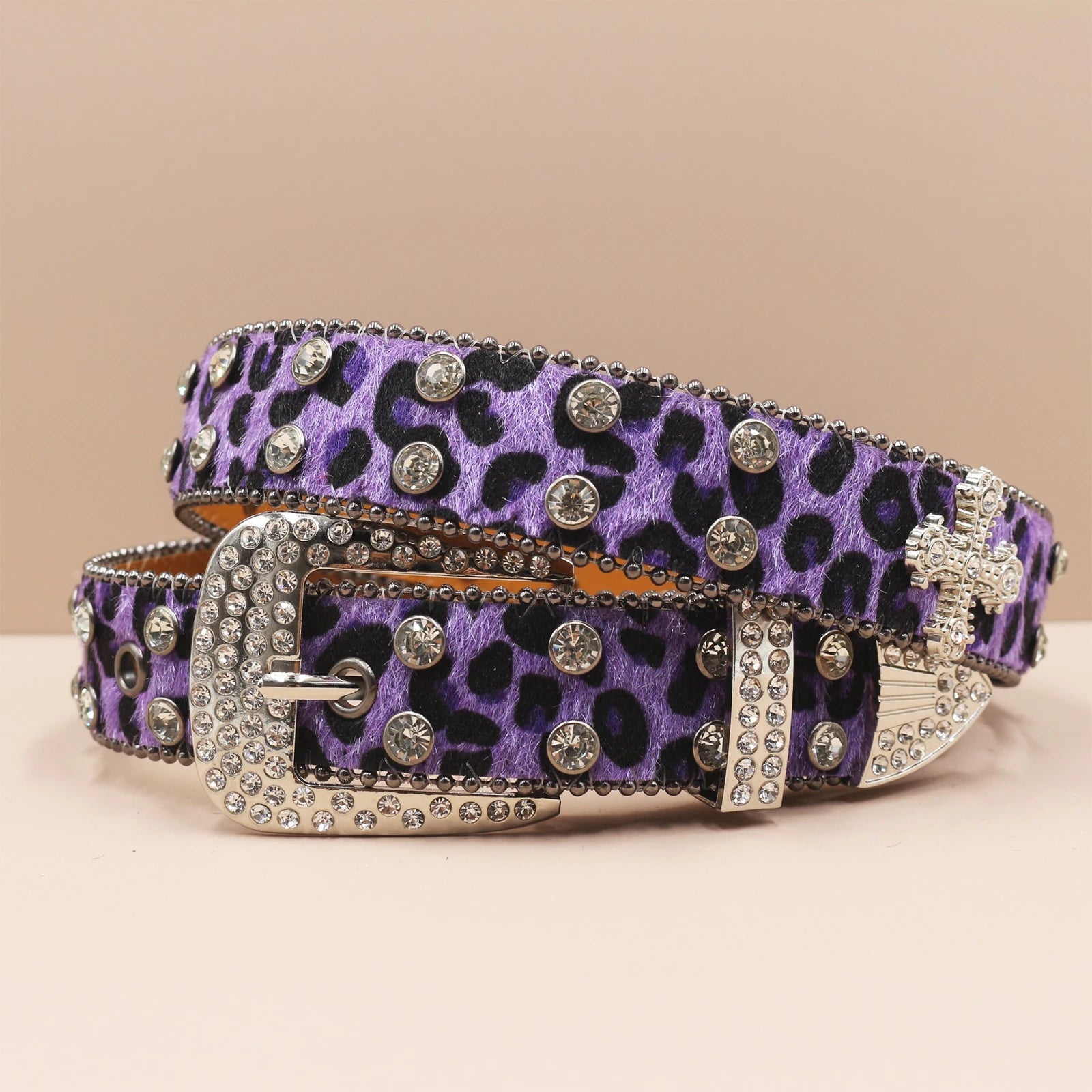 3.3cm Leopard Print Rhinestone Belt Hip Hop Punk Style belt LUNARITY GARAGE Purple 105CM